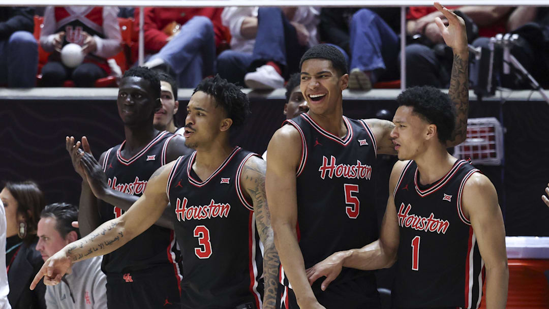 Feb 10, 2026; Salt Lake City, Utah, USA; Players on the Houston Cougars bench react after a play against the Utah Utes during the second half at Jon M. Huntsman Center. Mandatory Credit: Rob Gray-Imagn Images