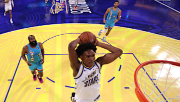 Feb 16, 2025; San Francisco, CA, USA; Candace's Rising Stars guard Amen Thompson (1) of the Houston Rockets shoots against Shaq’s OGs during the 2025 NBA All Star Game at Chase Center. Mandatory Credit: Ezra Shaw-Pool Photo via Imagn Images
