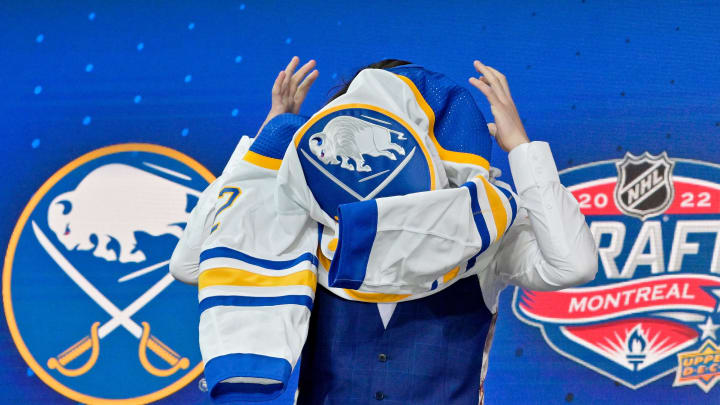 Jul 7, 2022; Montreal, Quebec, CANADA; Matthew Savoie after being selected as the number nine overall pick to the Buffalo Sabres in the first round of the 2022 NHL Draft at Bell Centre. Mandatory Credit: Eric Bolte-USA TODAY Sports