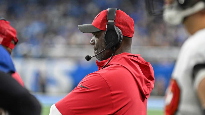 Jan 21, 2024; Detroit, Michigan, USA; Tampa Bay head coach Todd Bowles looks on against the Detroit Lions during the second half in a 2024 NFC divisional round game at Ford Field. Mandatory Credit: Lon Horwedel-USA TODAY Sports