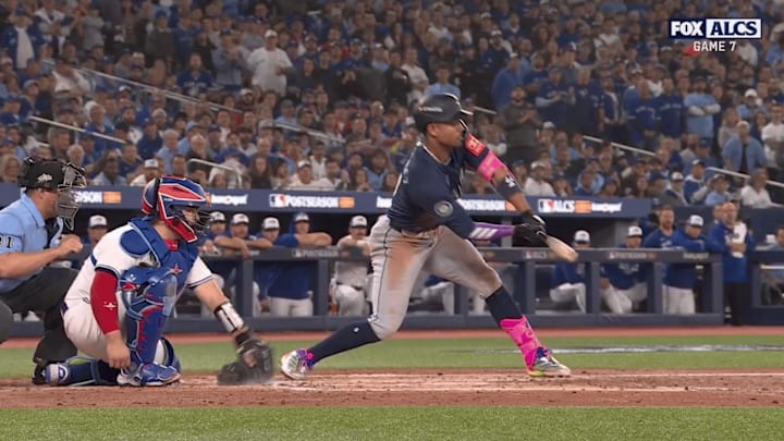 Julio Rodríguez checked his swing and apparently held off just ahead of his clutch third-inning homer Julio Rodríguez checked his swing and apparently held off just ahead of his clutch third-inning homer