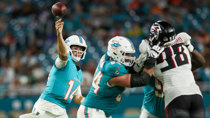 Miami Dolphins quarterback Mike White (14) throws a pass against the Atlanta Falcons in the third quarter during preseason at Hard Rock Stadium.