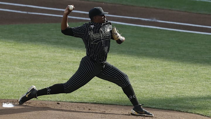 Jun 19, 2021; Omaha, Nebraska, USA;  Vanderbilt Commodores pitcher Kumar Rocker (80) throws against the Arizona Wildcats at TD Ameritrade Park. 