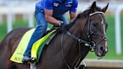 2025 Kentucky Derby contender Sovereignty, trained by Bill Mott, works April 26, 2025 at Churchill Downs in Louisville, Kentucky. The horse is 2-2-0 in five starts.