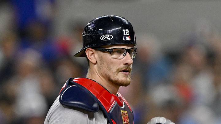 Jul 25, 2025; Arlington, Texas, USA; Atlanta Braves catcher Sean Murphy (12) during the game between the Texas Rangers and the Atlanta Braves at Globe Life Field. Mandatory Credit: Jerome Miron-Imagn Images