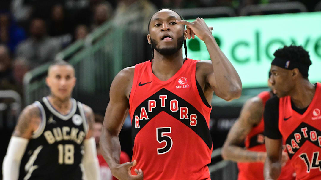 Feb 22, 2026; Milwaukee, Wisconsin, USA; Toronto Raptors guard Immanuel Quickley (5) reacts after scoring a 3-point basket against the Milwaukee Bucks in the third quarter at Fiserv Forum. Mandatory Credit: Benny Sieu-Imagn Images Feb 22, 2026; Milwaukee, Wisconsin, USA; Toronto Raptors guard Immanuel Quickley (5) reacts after scoring a 3-point basket against the Milwaukee Bucks in the third quarter at Fiserv Forum. Mandatory Credit: Benny Sieu-Imagn Images