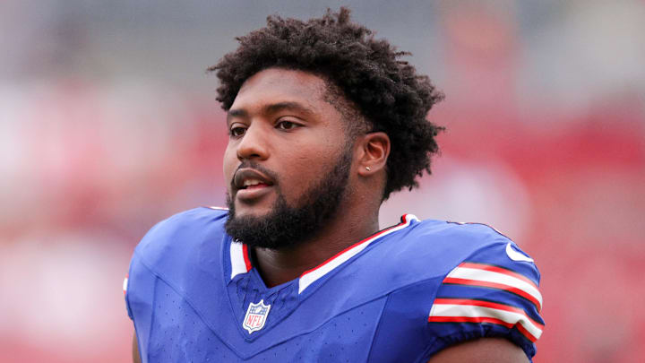 Aug 23, 2025; Tampa, Florida, USA; Buffalo Bills fullback Reggie Gilliam (41) takes the field fro a game against the Tampa Bay Buccaneers at Raymond James Stadium. Mandatory Credit: Nathan Ray Seebeck-Imagn Images