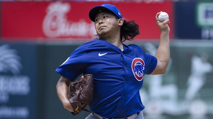 Jun 26, 2025; St. Louis, Missouri, USA; Chicago Cubs starting pitcher Shota Imanaga (18) pitches against the St. Louis Cardinals during the second inning at Busch Stadium.