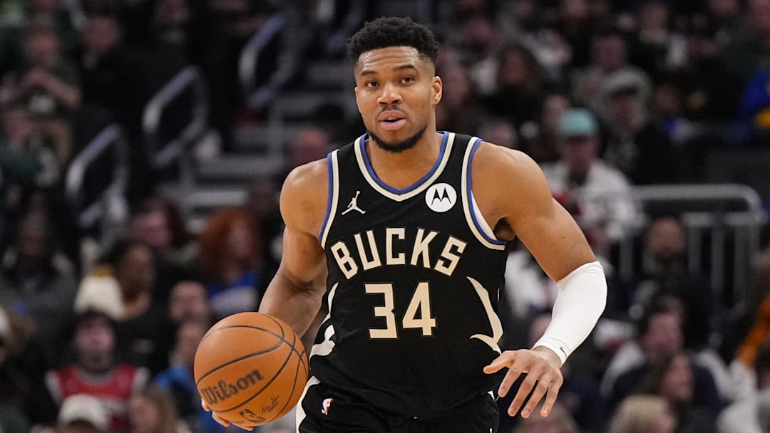 Jan 23, 2026; Milwaukee, Wisconsin, USA;  Milwaukee Bucks forward Giannis Antetokounmpo (34) during the game against the Denver Nuggets at Fiserv Forum. Mandatory Credit: Jeff Hanisch-Imagn Images