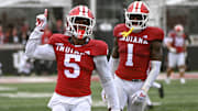 Indiana Hoosiers defensive back D'Angelo Ponds (5) celebrates after a defensive play against the Maryland Terrapins during the second half at Memorial Stadium. Mandatory Credit: