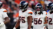 Aug 16, 2025; Denver, Colorado, USA; Denver Broncos defensive tackle Jordan Jackson (94) and defensive end Eyioma Uwazurike (96) and defensive end Sai'vion Jones (95) at the line of scrimmage in the first quarter against the Arizona Cardinals at Empower Field at Mile High.