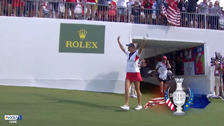 Lexi Thompson walks onto the first tee box at the 2024 Solheim Cup.