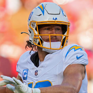 Oct 22, 2023; Kansas City, Missouri, USA; Los Angeles Chargers quarterback Justin Herbert (10) throws a pass during the second half against the Kansas City Chiefs at GEHA Field at Arrowhead Stadium. Mandatory Credit: Jay Biggerstaff-Imagn Images