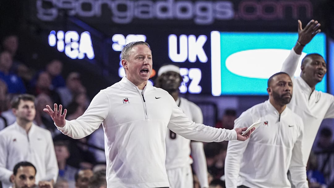 Jan 7, 2025; Athens, Georgia, USA; Georgia Bulldogs head coach Mike White reacts on the bench against the Kentucky Wildcats during the second half at Stegeman Coliseum. Mandatory Credit: Dale Zanine-Imagn Images
