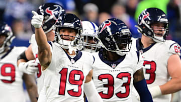 Jan 6, 2024; Indianapolis, Indiana, USA; Houston Texans wide receiver Xavier Hutchinson (19) signals for a first down against the Indianapolis Colts during the second quarter at Lucas Oil Stadium. Mandatory Credit: Marc Lebryk-Imagn Images