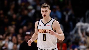 Feb 10, 2025; Denver, Colorado, USA; Denver Nuggets guard Christian Braun (0) after a play in the first quarter against the Portland Trail Blazers at Ball Arena. Mandatory Credit: Isaiah J. Downing-Imagn Images
