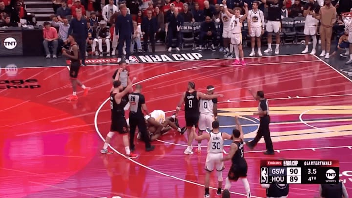A foul was called in the final moments of the Warriors-Rockets NBA Cup game. A foul was called in the final moments of the Warriors-Rockets NBA Cup game.