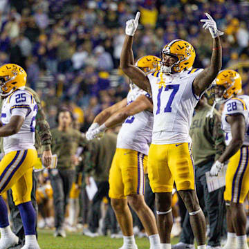 Nov 11, 2023; Baton Rouge, Louisiana, USA;  LSU Tigers wide receiver Chris Hilton Jr. (17) reacts to a touchdown in the final minute against the Florida Gators during the second half at Tiger Stadium. Mandatory Credit: Stephen Lew-Imagn Images