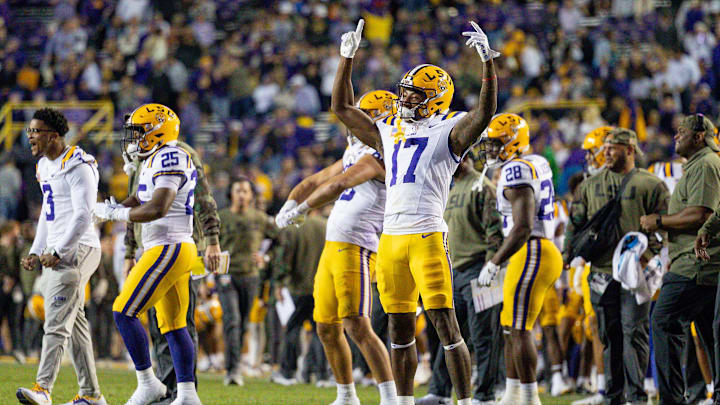 Nov 11, 2023; Baton Rouge, Louisiana, USA;  LSU Tigers wide receiver Chris Hilton Jr. (17) reacts to a touchdown in the final minute against the Florida Gators during the second half at Tiger Stadium. Mandatory Credit: Stephen Lew-Imagn Images