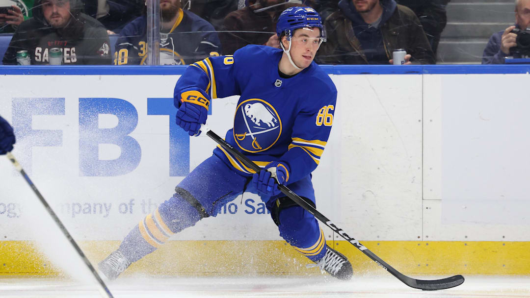 Mar 14, 2026; Buffalo, New York, USA;  Buffalo Sabres center Noah Ostlund (86) looks to make a pass during the second period against the Toronto Maple Leafs at KeyBank Center. Mandatory Credit: Timothy T. Ludwig-Imagn Images