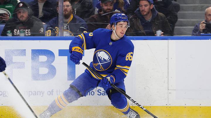 Mar 14, 2026; Buffalo, New York, USA;  Buffalo Sabres center Noah Ostlund (86) looks to make a pass during the second period against the Toronto Maple Leafs at KeyBank Center. Mandatory Credit: Timothy T. Ludwig-Imagn Images