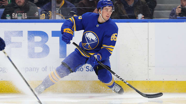 Mar 14, 2026; Buffalo, New York, USA;  Buffalo Sabres center Noah Ostlund (86) looks to make a pass during the second period against the Toronto Maple Leafs at KeyBank Center. Mandatory Credit: Timothy T. Ludwig-Imagn Images