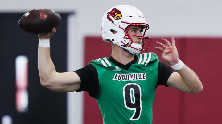 Louisville football QB Tyler Shough (9) during spring practice at the Trager practice facility in Louisville, Ky. on Mar. 19, 2024