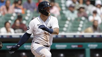 Aug 24, 2022; Detroit, Michigan, USA;  Detroit Tigers catcher Tucker Barnhart (15) hits a double in the fifth inning against the San Francisco Giants at Comerica Park.