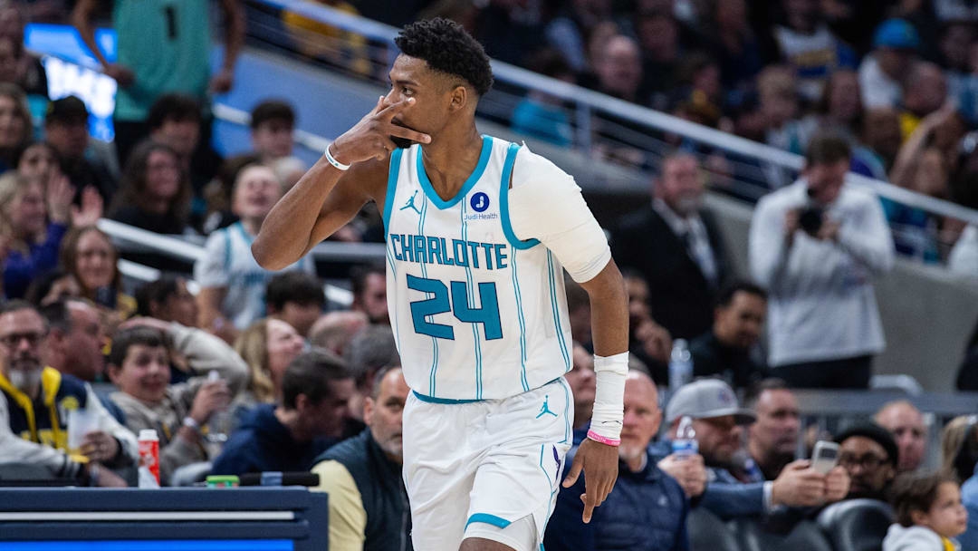 Feb 26, 2026; Indianapolis, Indiana, USA; Charlotte Hornets forward Brandon Miller (24) celebrates a made basket in the second half against the Indiana Pacers at Gainbridge Fieldhouse. Mandatory Credit: Trevor Ruszkowski-Imagn Images Feb 26, 2026; Indianapolis, Indiana, USA; Charlotte Hornets forward Brandon Miller (24) celebrates a made basket in the second half against the Indiana Pacers at Gainbridge Fieldhouse. Mandatory Credit: Trevor Ruszkowski-Imagn Images
