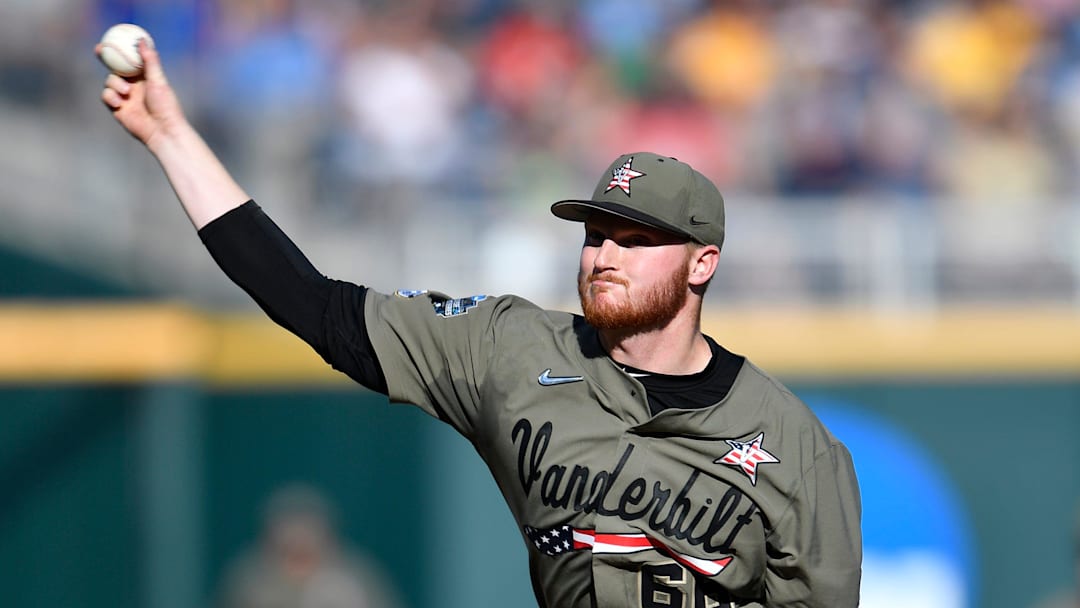 Vanderbilt pitcher Drake Fellows (66) throws a pitch against Michigan in the 2019 NCAA Men's College World Series Finals at TD Ameritrade Park Monday, June 24, 2019, in Omaha, Neb.
Gw52922 Vanderbilt pitcher Drake Fellows (66) throws a pitch against Michigan in the 2019 NCAA Men's College World Series Finals at TD Ameritrade Park Monday, June 24, 2019, in Omaha, Neb.
Gw52922