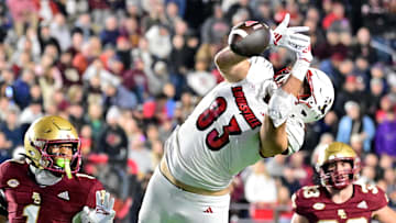 Oct 25, 2024; Chestnut Hill, Massachusetts, USA; Louisville Cardinals tight end Mark Redman (83) tries to make a catch during the first half against the Boston College Eagles at Alumni Stadium. Mandatory Credit: Eric Canha-Imagn Images