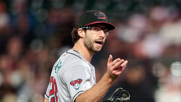 Sep 9, 2025; San Francisco, California, USA; Arizona Diamondbacks starting pitcher Zac Gallen (23) argues with home plate umpire Doug Eddings (88) (not pictured) during a pitching change against the San Francisco Giants during the seventh inning at Oracle Park. Mandatory Credit: Robert Edwards-Imagn Images
