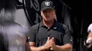 Aug 29, 2021; Santa Clara, California, USA; Las Vegas Raiders head coach Jon Gruden walks onto the field before the start of the game against the San Francisco 49ers at Levi's Stadium. Mandatory Credit: Cary Edmondson-Imagn Images