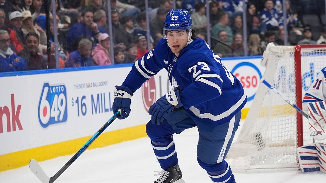 Mar 25, 2026; Toronto, Ontario, CAN; Toronto Maple Leafs forward Matthew Knies (23) skates against the New York Rangers during the first period at Scotiabank Arena. Mandatory Credit: John E. Sokolowski-Imagn Images