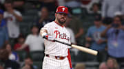 Jul 15, 2025; Cumberland, Georgia, USA; National League designated hitter Kyle Schwarber (12) of the Philadelphia Phillies reacts in the home run swing off tiebreaker during the 2025 MLB All Star Game at Truist Park. Mandatory Credit: Brett Davis-Imagn Images