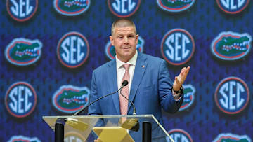 Jul 16, 2025; Atlanta, GA, USA; Florida State Gators head coach Billy Napier talks to the media during the SEC Media Days at Omni Atlanta Hotel. Mandatory Credit: Jordan Godfree-Imagn Images