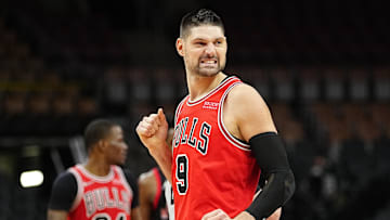 Feb 3, 2022; Toronto, Ontario, CAN; Chicago Bulls center Nikola Vucevic (9) reacts after a play against the Toronto Raptors during the second half at Scotiabank Arena. Mandatory Credit: John E. Sokolowski-Imagn Images