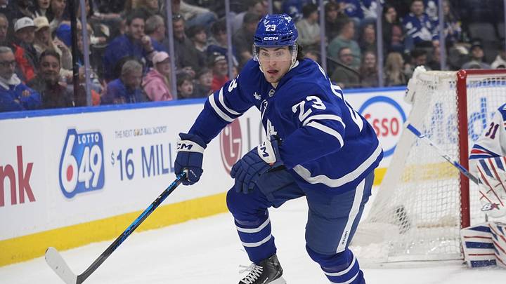 Mar 25, 2026; Toronto, Ontario, CAN; Toronto Maple Leafs forward Matthew Knies (23) skates against the New York Rangers during the first period at Scotiabank Arena. Mandatory Credit: John E. Sokolowski-Imagn Images