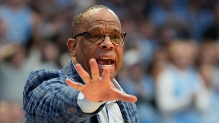 Feb 22, 2025; Chapel Hill, North Carolina, USA; North Carolina Tar Heels head coach Hubert Davis reacts in the first half at Dean E. Smith Center. Mandatory Credit: Bob Donnan-Imagn Images