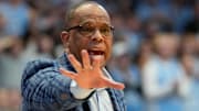 Feb 22, 2025; Chapel Hill, North Carolina, USA; North Carolina Tar Heels head coach Hubert Davis reacts in the first half at Dean E. Smith Center. Mandatory Credit: Bob Donnan-Imagn Images