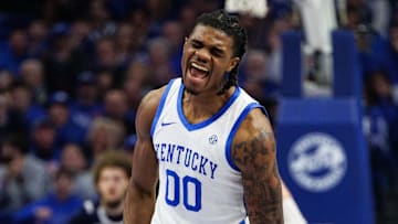 Nov 22, 2024; Lexington, Kentucky, USA; Kentucky Wildcats guard Otega Oweh (00) celebrates during the first half against the Jackson State Tigers at Rupp Arena at Central Bank Center. Mandatory Credit: Jordan Prather-Imagn Images