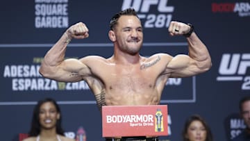 Nov 11, 2022; New York, NY, USA; Michael Chandler gestures during weigh-ins for UFC 281. Mandatory Credit: Jessica Alcheh-Imagn Images