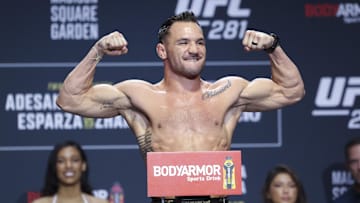 Nov 11, 2022; New York, NY, USA; Michael Chandler gestures during weigh-ins for UFC 281. Mandatory Credit: Jessica Alcheh-Imagn Images