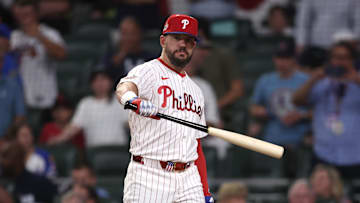 Jul 15, 2025; Cumberland, Georgia, USA; National League designated hitter Kyle Schwarber (12) of the Philadelphia Phillies reacts in the home run swing off tiebreaker during the 2025 MLB All Star Game at Truist Park.