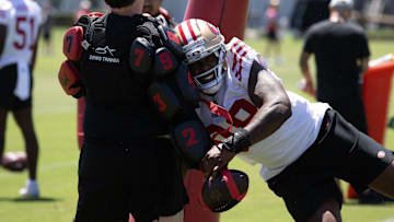 May 9, 2025; Santa Clara, CA, USA; San Francisco 49ers defensive lineman Mykel Williams (98) bats at a ball as part of a rushing drill during the teamís rookie minicamp. Mandatory Credit: D. Ross Cameron-Imagn Images