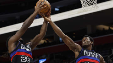 Jan 17, 2024; Detroit, Michigan, USA;  Detroit Pistons center Isaiah Stewart (28) and center Jalen Duren (0): Rick Osentoski-USA TODAY Sports