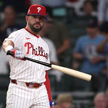 Jul 15, 2025; Cumberland, Georgia, USA; National League designated hitter Kyle Schwarber (12) of the Philadelphia Phillies reacts in the home run swing off tiebreaker during the 2025 MLB All Star Game at Truist Park. 