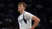 Oct 11, 2025; Dallas, Texas, USA; Dallas Mavericks forward Cooper Flagg (32) stands on the court against the Charlotte Hornets in the first half of a game at American Airlines Center. Mandatory Credit: Raymond Carlin III-Imagn Images