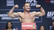 Nov 11, 2022; New York, NY, USA; Michael Chandler gestures during weigh-ins for UFC 281. Mandatory Credit: Jessica Alcheh-Imagn Images
