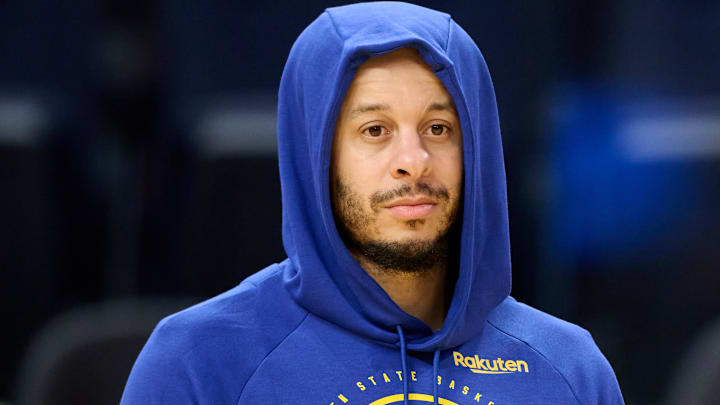 Jan 7, 2026; San Francisco, California, USA; Injured Golden State Warriors shooting guard Seth Curry (31) looks on before the game against the Milwaukee Bucks at Chase Center. Mandatory Credit: Robert Edwards-Imagn Images